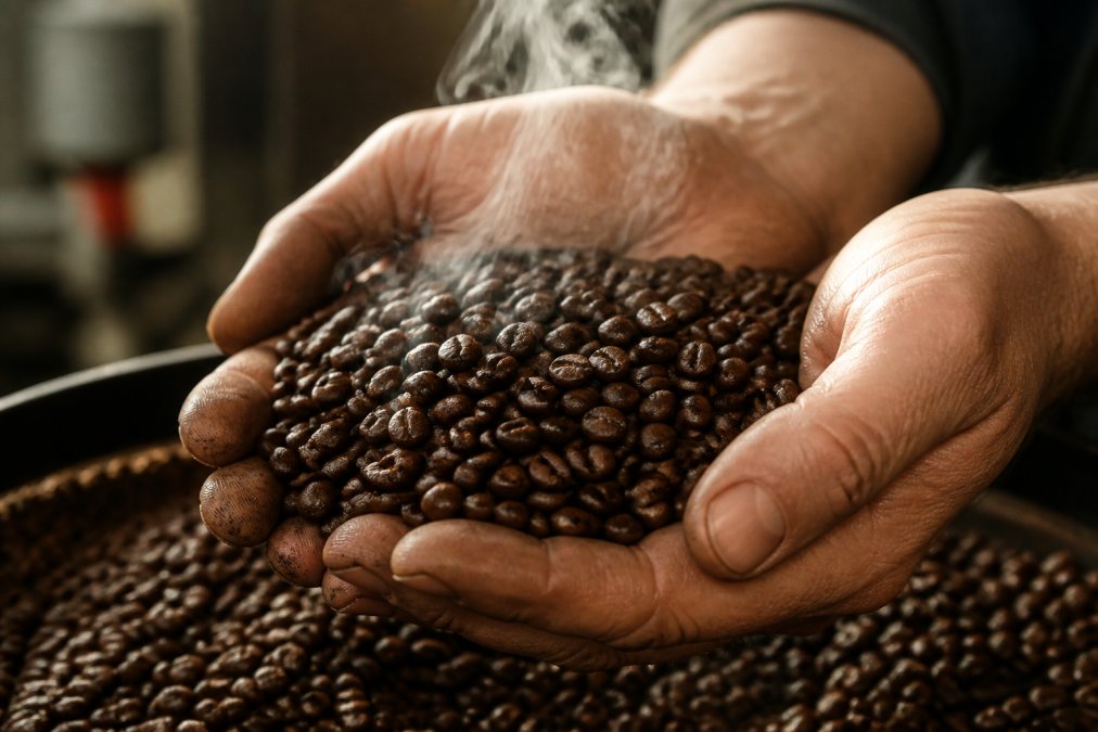 Close-up of hands holding freshly roasted coffee beans with visible surface sheen and rich brown color, aromatic steam rising, showing beans' texture in natural light