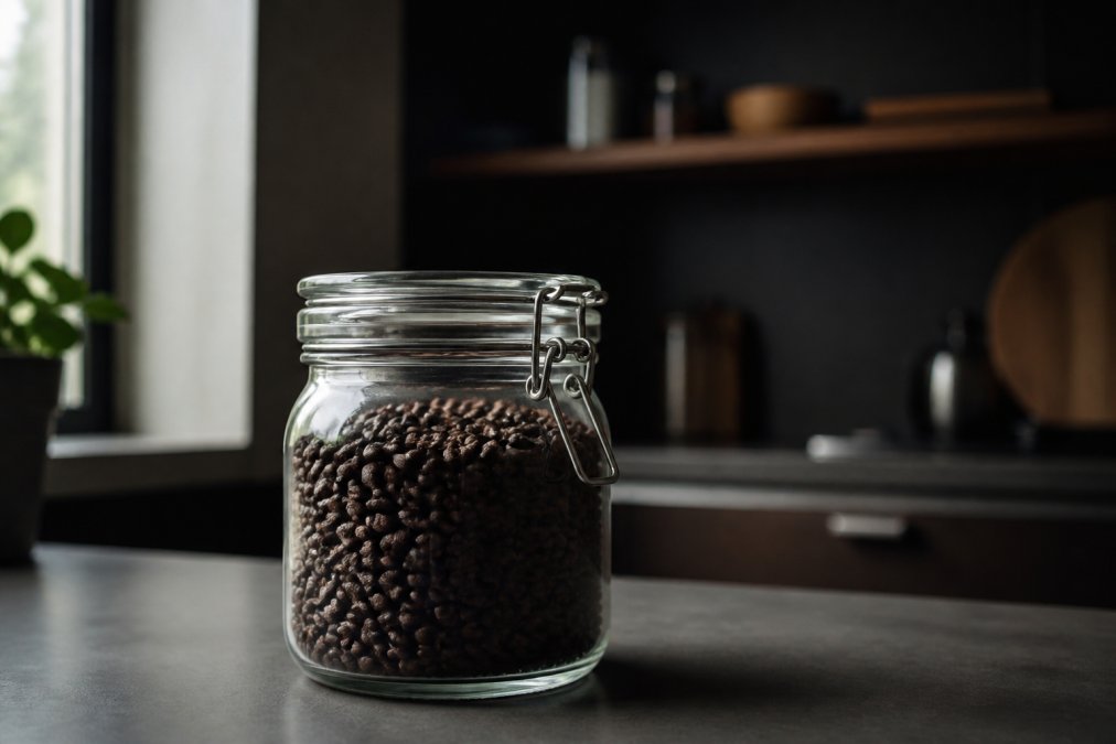 An airtight glass container filled with whole coffee beans on a kitchen counter away from sunlight, with cool, dark environment visible in the background