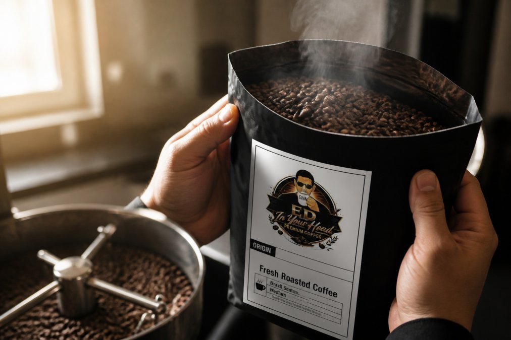 Close-up of freshly roasted coffee beans with visible steam rising from the beans, hands holding an open bag labeled with today's roast date, warm natural lighting from a window