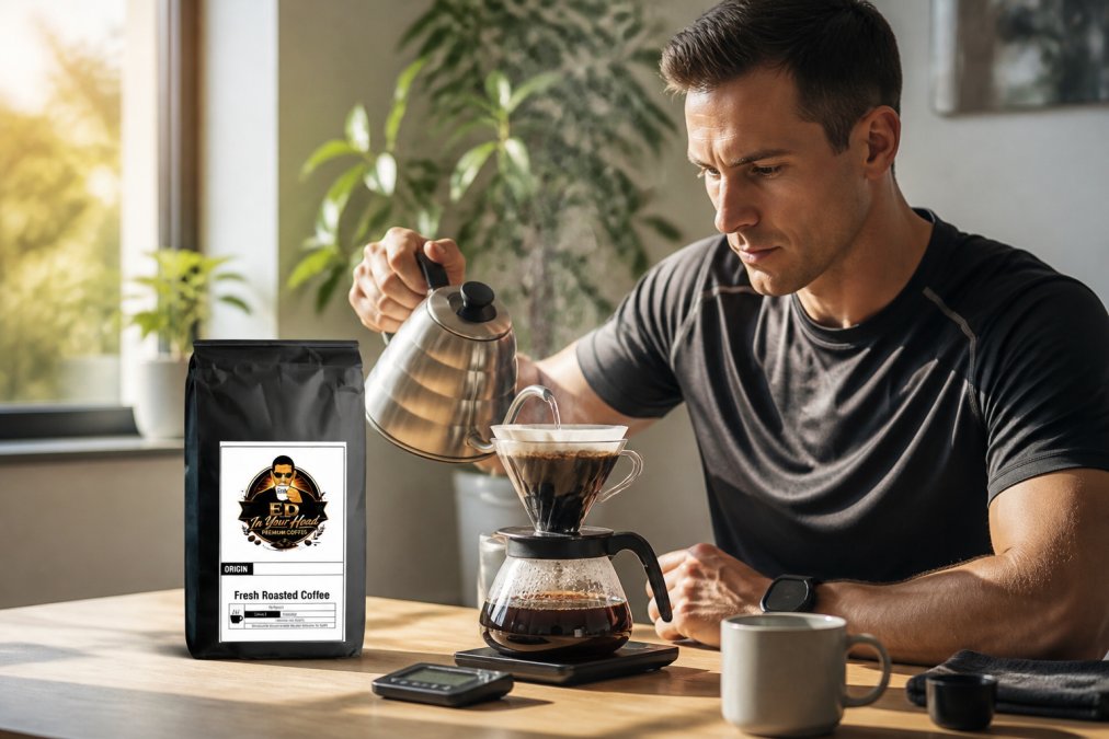 Focused athlete in athletic wear pouring hot water over fresh coffee grounds in a pour-over dripper setup, with a digital scale and timer visible on a clean desk, natural morning light streaming in