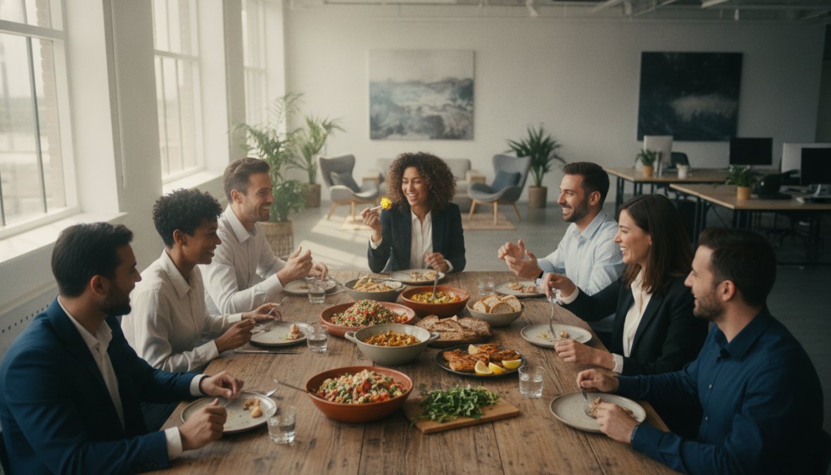 Diverse group of office employees gathered around a table enjoying freshly cooked meals together, smiling and conversing in a modern workplace setting with natural light