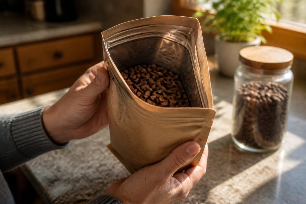 Hands holding a bag of freshly roasted coffee with a clear roast date stamp in warm kitchen lighting