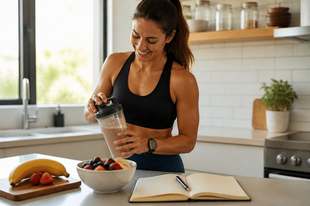 A runner in athletic gear mixing a chocolate protein shake in a shaker bottle on a kitchen counter, with fresh fruit and a training journal nearby, natural morning light