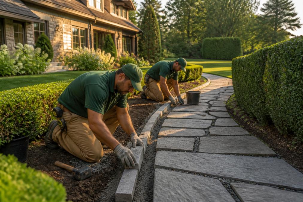 A professional landscaping crew in branded uniforms installing stone pathway edging on a manicured luxury residential property, with lush green turf, trimmed hedges, and a stone masonry pathway visible in the late-afternoon sunlight