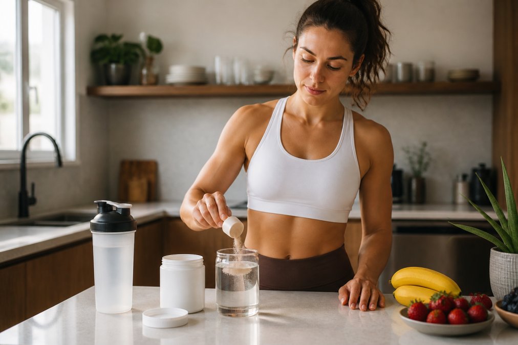 Person in athletic wear mixing functional mushroom powder into a glass of water in a bright morning kitchen