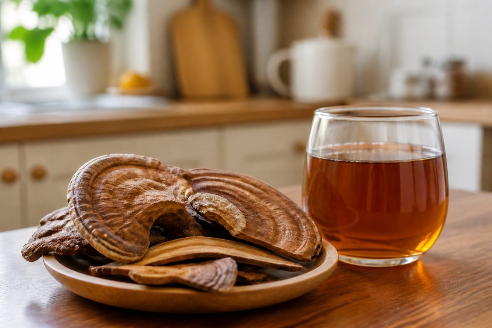 Infographic showing the brewing process and health benefits of dried ganoderma mushroom tea slices