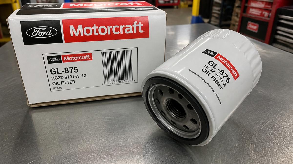 Close-up of a genuine Ford part showing clear part number label, packaging with Ford branding, and authenticity markings under bright overhead lighting on a workbench