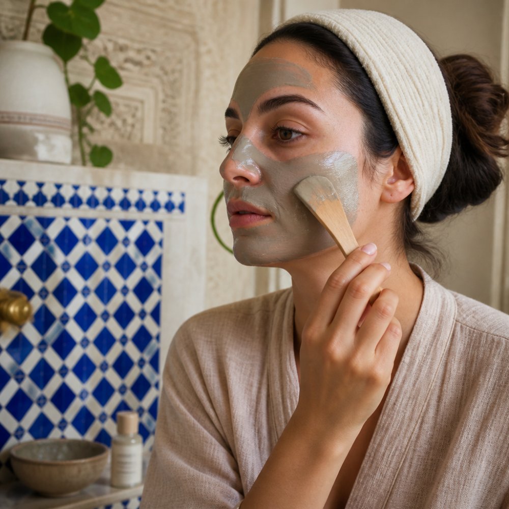 Close-up of a woman with sensitive skin gently applying a soft grey clay mask with a small wooden spatula, calm bathroom setting, soft natural window light