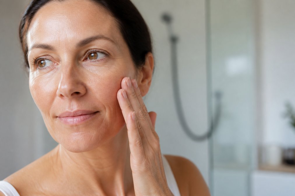 Close-up of a woman in her 40s with clear, hydrated skin gently touching her cheek, soft natural lighting