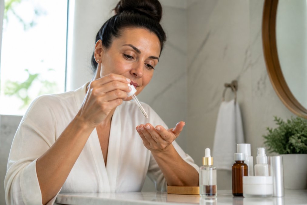 A woman in her 40s applying a drop of face serum with a dropper to her fingertips at a bathroom vanity, soft natural light, minimal skincare bottles in the background