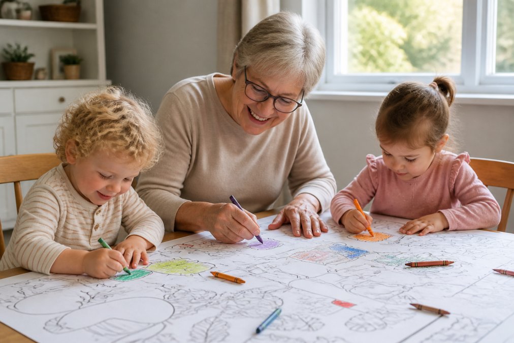 Two toddlers and a grandmother gathered around a large table-sized coloring sheet, each holding crayons and coloring different sections together, smiling with natural window lighting