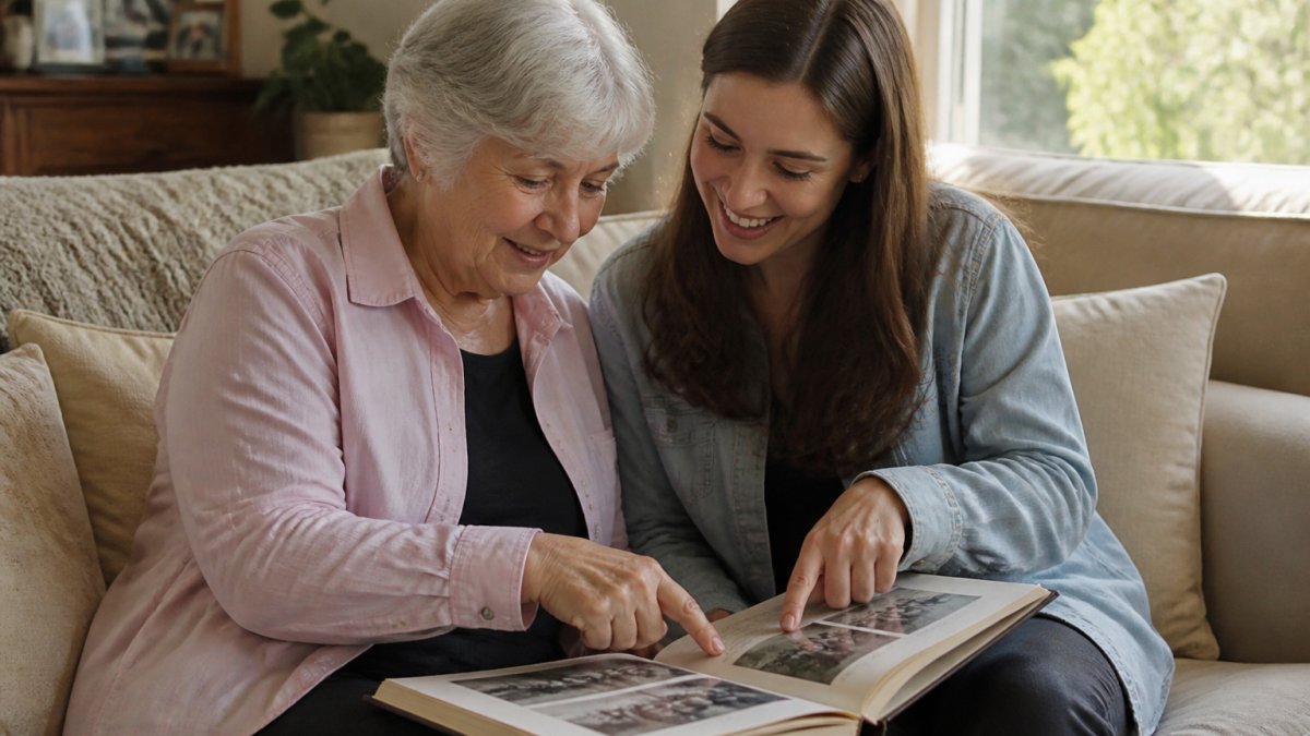 An older adult and younger family member sitting together on a comfortable sofa, leaning through a nostalgia history book with vintage photographs, both smiling and pointing at images on the page, warm afternoon sunlight streaming through the window