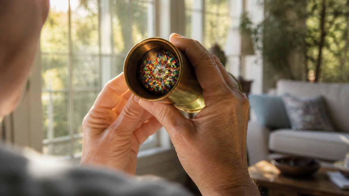 A close-up of hands holding a handcrafted brass kaleidoscope up to the light in a sunlit living room, colorful infinity patterns glowing at the eyepiece, soft afternoon light through the window