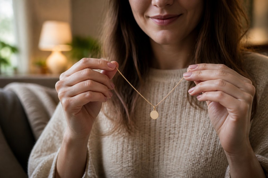 Woman holding a delicate engraved necklace, one of many thoughtful personalized gifts for a loved one.
