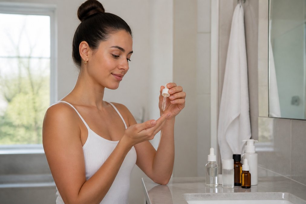A woman in a bright bathroom applying a few drops of serum to her fingertips, with a simple lineup of skincare bottles on the counter beside her