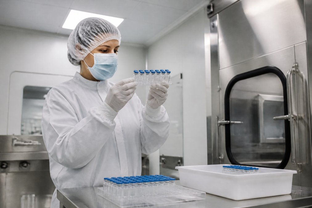 Laboratory technician in full protective gear, sterile gown, gloves, mask, examining sealed peptide vials under bright overhead lighting in a clean room environment with white walls and stainless steel equipment