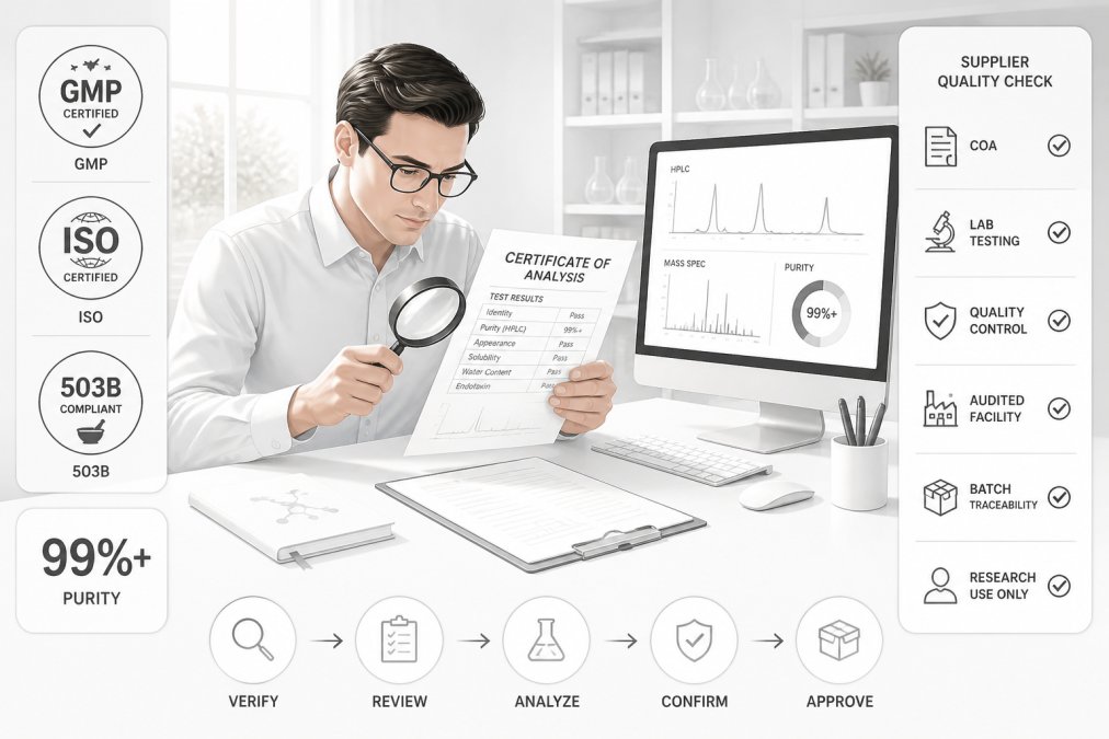 Researcher in business casual attire sitting at a desk, carefully reviewing printed Certificate of Analysis documents with a magnifying glass, computer monitor visible showing lab data, natural window lighting illuminating the workspace