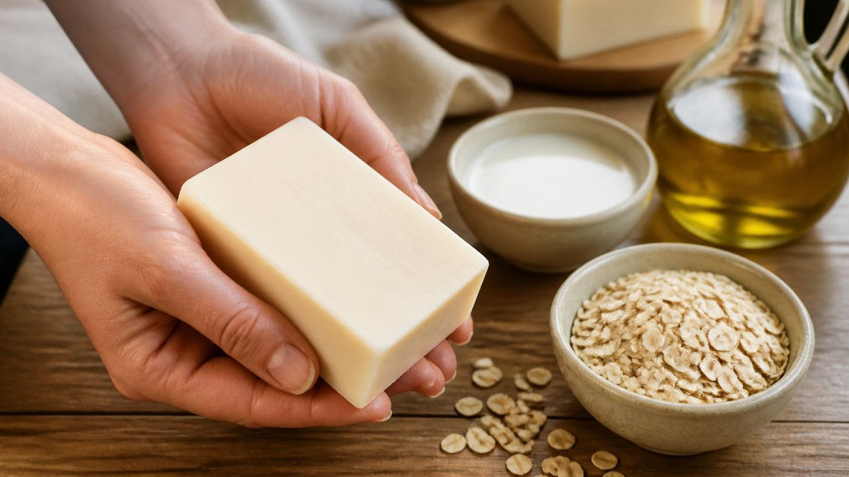 Close-up of hands holding a creamy white goat milk soap bar next to small bowls of oats and a bottle of olive oil on a wooden kitchen counter