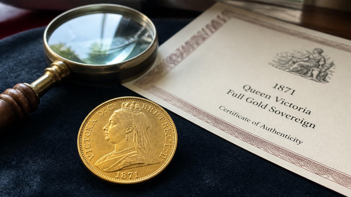 1871 gold sovereign coin on dark velvet with a magnifying glass and certificate of authenticity