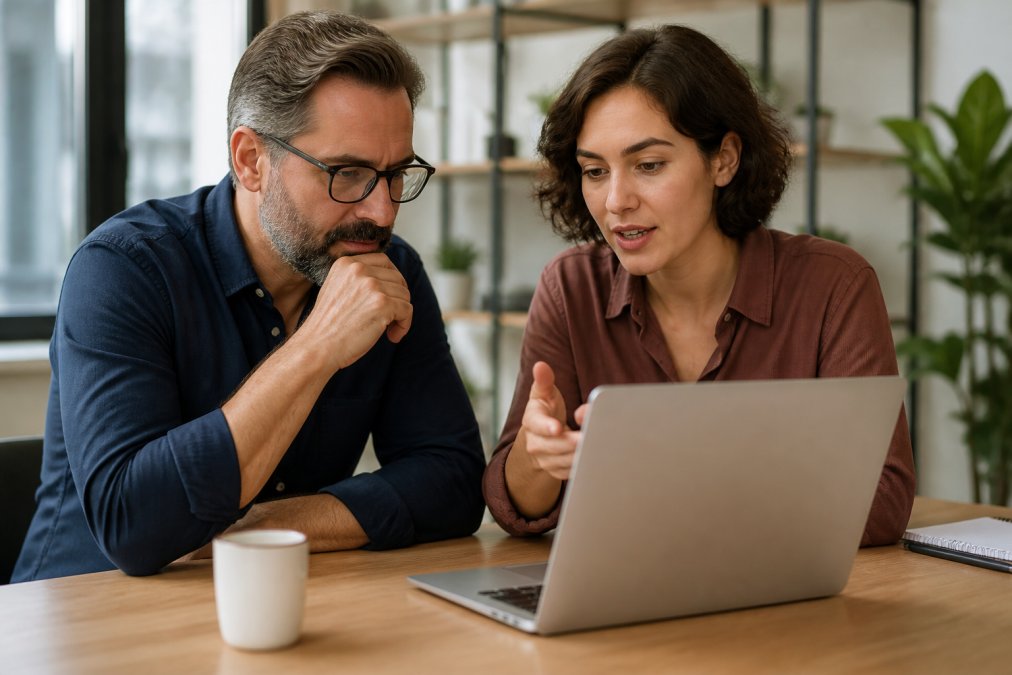 Business owner and web designer reviewing an online store checkout page to illustrate the impact of UX design