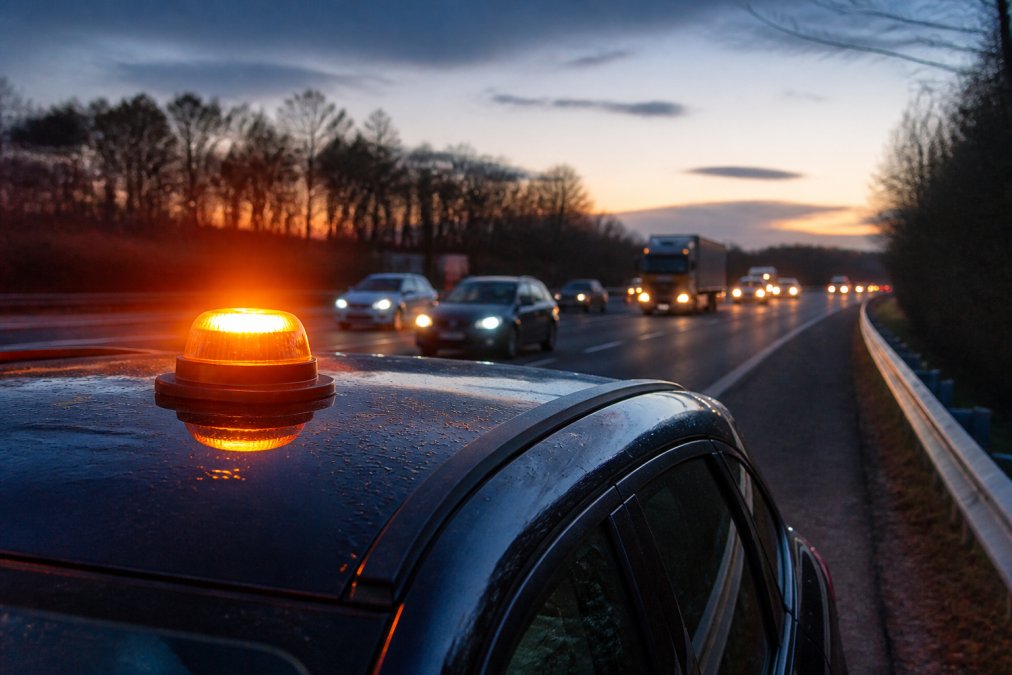 Benefits of GPS-Enabled Breakdown Beacons Stationary vehicle on a motorway hard shoulder at dusk with a GPS-enabled beacon mounted on its roof, showing the amber flashing light against the traffic backdrop with approaching vehicles visible