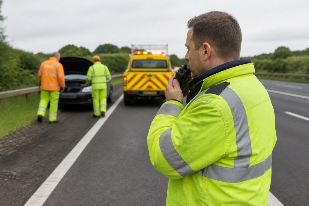 Benefits of GPS-Enabled Breakdown Beacons Emergency service personnel in high-visibility clothing responding to a roadside incident, with a vehicle in the background and communication equipment visible, showing coordination between responders