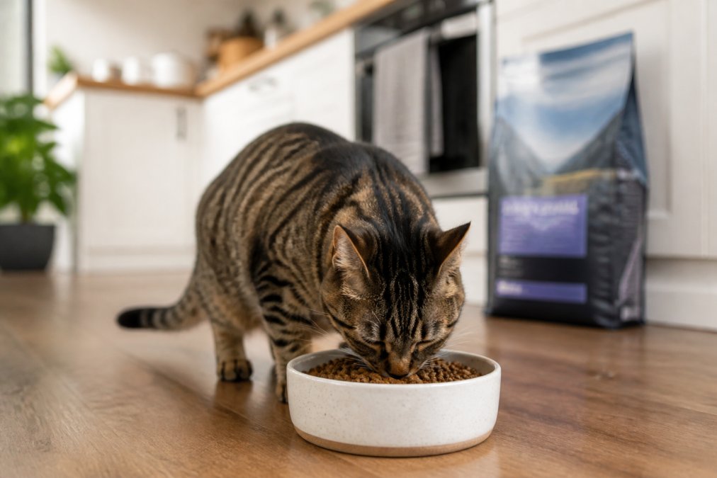 A healthy adult cat eating grain-free dry kibble from a ceramic bowl in a bright, modern home kitchen, with the food bag visible in the background