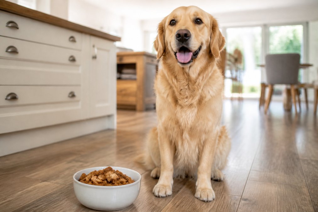 A happy dog sitting attentively beside a bowl of natural grain free dog treats on a kitchen floor.