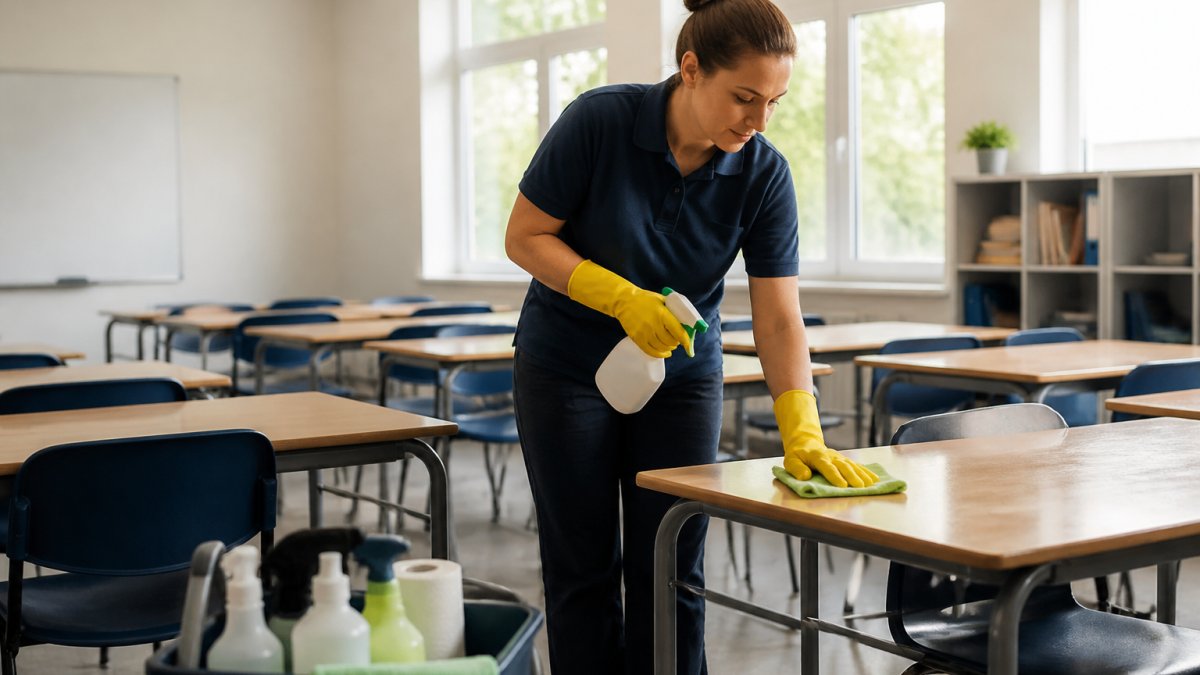 Professional cleaning staff member using eco-friendly green cleaning products in a bright, sunlit school classroom with pupil desks visible, demonstrating safe sustainable cleaning practices in an educational environment