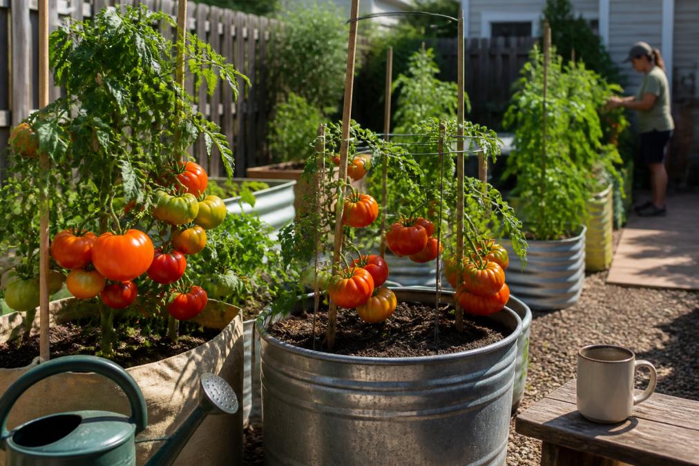 Sunny backyard with multiple raised beds and containers holding ripe tomato plants at different growth stages, showing vibrant orange and red heirloom tomatoes alongside green foliage