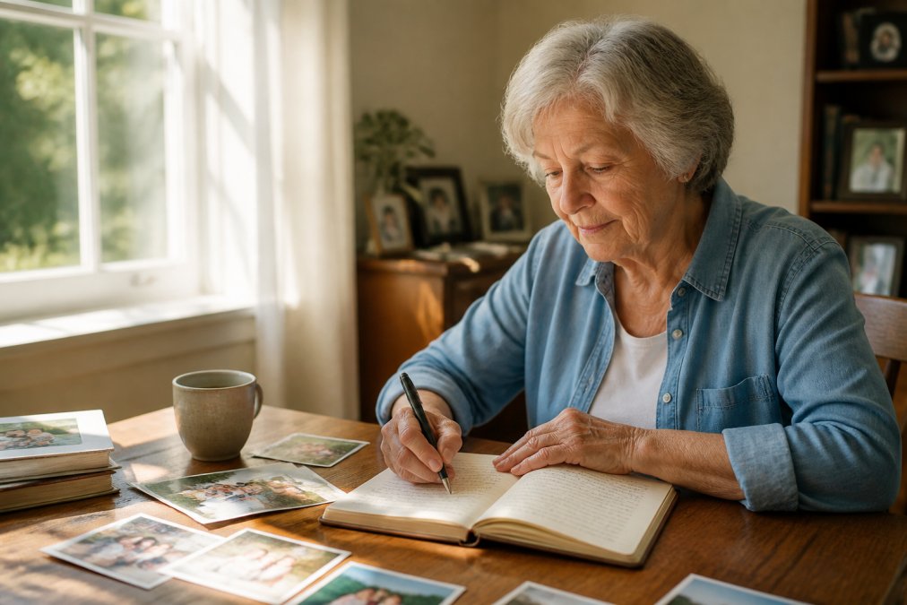 Older adult sitting at a wooden desk with family photographs scattered nearby, writing thoughtfully in a journal with warm natural light streaming through the window, expression peaceful and focused