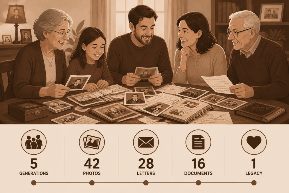 Multi-generational family of four and five people gathered around a dining table with old photographs, letters, and documents spread out, smiling and engaged in conversation, warm home lighting, moments of connection visible