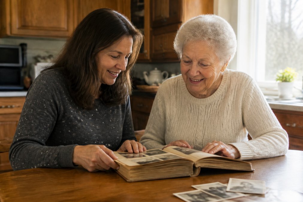 An adult child and their aging parent sitting together at a kitchen table, warm afternoon light through a window, looking through a worn family photo album and smiling softly