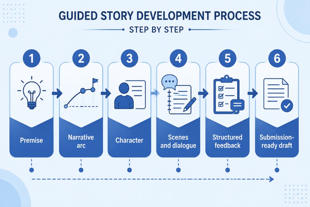 Flowchart of the guided story development process: 1. Premise, 2. Narrative arc, 3. Character, 4. Scenes and dialogue, 5. Structured feedback, 6. Submission-ready draft