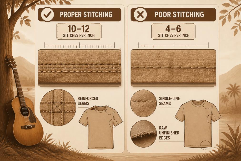 Diagram showing stitch quality comparison with measurements: proper stitching 10-12 stitches per inch with reinforced seams at stress points versus poor stitching 4-6 stitches per inch with single-line seams and raw unfinished edges