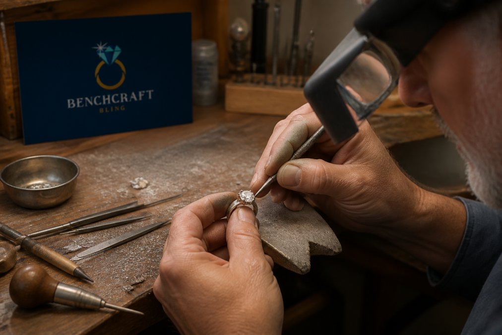 Jeweler using precision tools to set a gemstone into a silver ring at a workbench with metal shavings