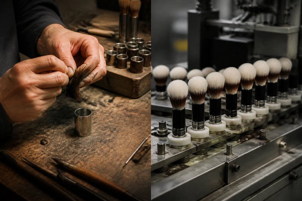 Close-up of a master artisan's hands carefully assembling a makeup brush, with bristles fanned out and a ferrule resting on a worn wooden workbench under warm workshop lighting