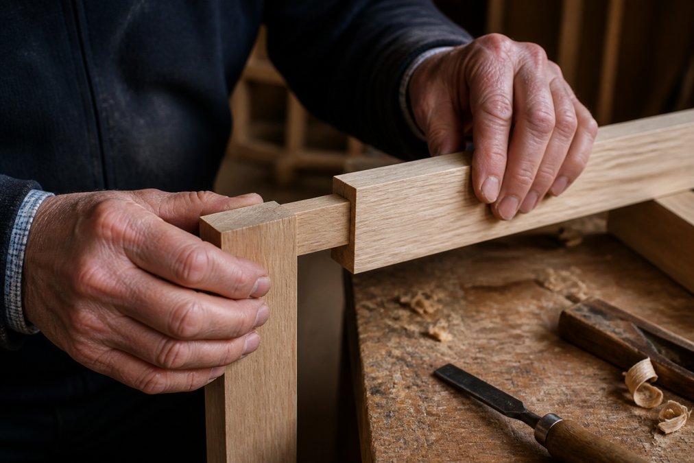Close-up of skilled furniture maker's hands carefully working on wooden frame joinery, showing mortise and tenon joints with visible wood grain detail and traditional hand tools