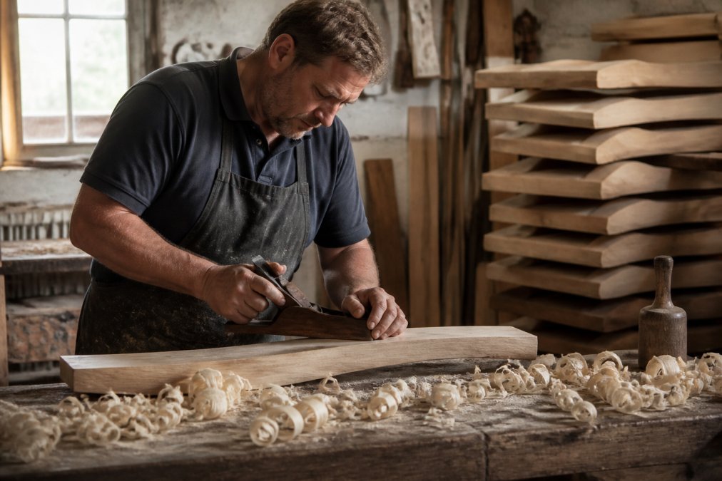 A craftsman's hands shaping the face of an English willow cricket bat with a hand plane in a bright workshop, wood shavings curling onto the bench, clefts stacked in the background