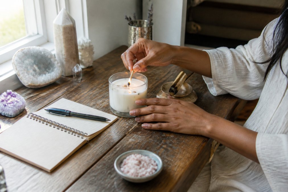 Hands lighting a handcrafted soy candle on a wooden surface with crystals and journaling materials nearby, soft natural light streaming through a window