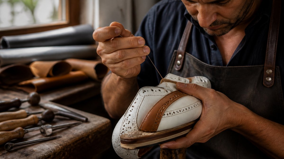 Close-up of skilled artisan's hands stitching premium leather on a golf shoe upper in a Spanish workshop, with natural light illuminating the detailed needlework and quality materials