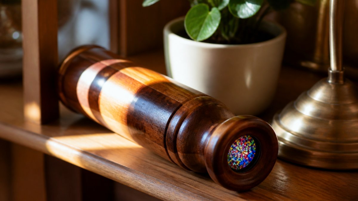 Handcrafted wooden kaleidoscope on a shelf beside a lamp and plant in soft afternoon light