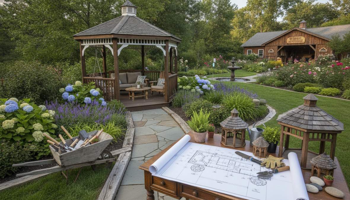 A beautifully finished cedar gazebo set in a lush backyard garden with mature landscaping, flowering borders, and comfortable seating, showcasing how the wooden structure integrates as a natural focal point in the outdoor space