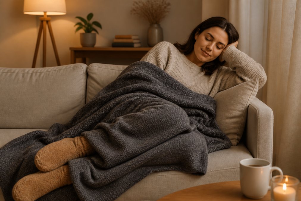 Person relaxing on a sofa with a premium blanket, looking peaceful and comfortable in a warmly lit home setting with soft lighting