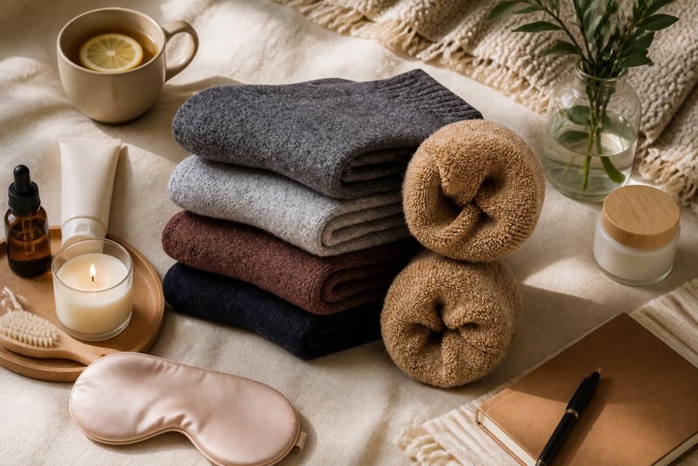 Flat lay arrangement of handpicked lifestyle products including cosy socks, wellness items, comfort accessories, and self-care products arranged artfully on a neutral surface with natural lighting
