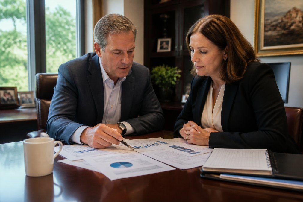 Financial advisor and client in professional office reviewing portfolio performance on desktop monitor with strategy documents and charts visible on desk