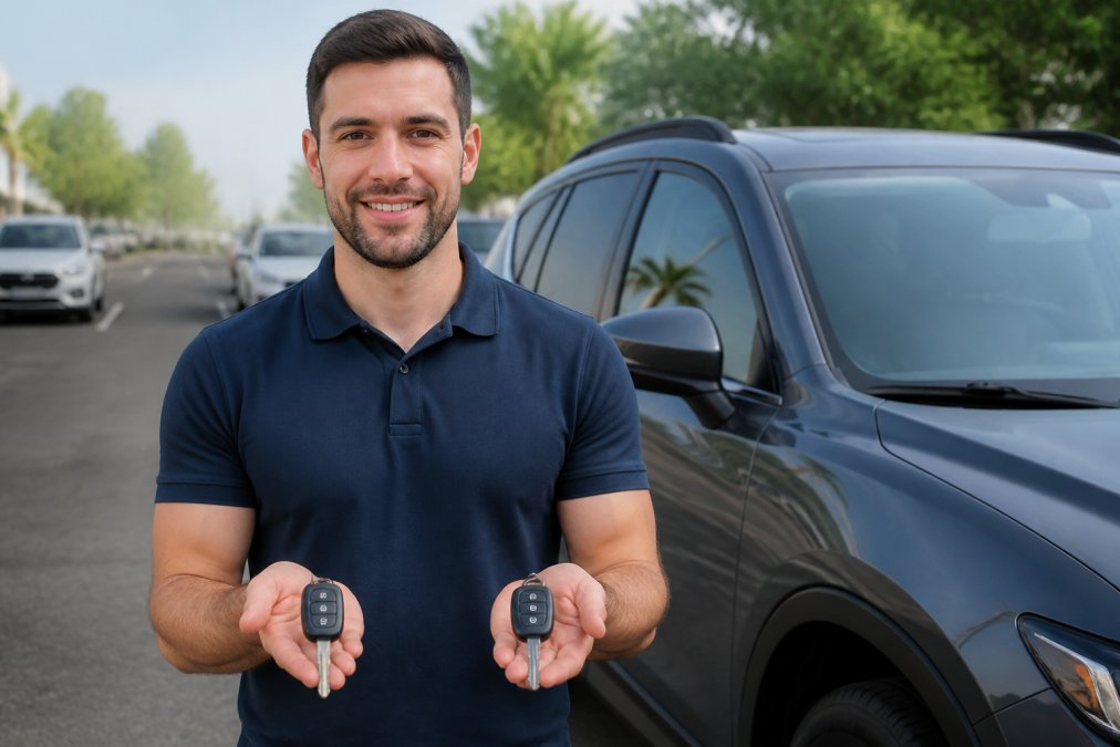 Person holding two car keys in their hands, one in each palm, standing next to a parked vehicle in daylight with clear skies