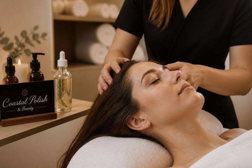 Close-up of a technician's hands gently massaging a client's scalp with fingertips, warm ambient lighting, clean and calming salon setting with white towels and botanical serums on a nearby shelf