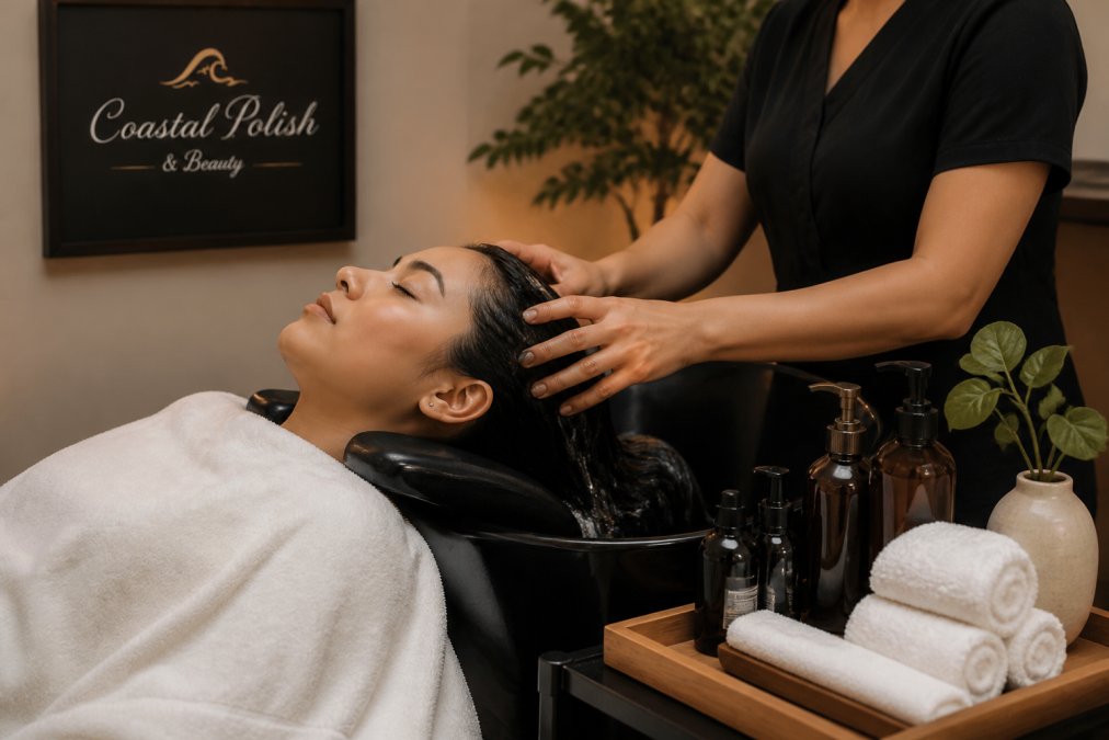 A client relaxing in a reclined salon chair during a professional scalp massage, eyes closed, soft warm lighting, serene spa environment with clean white towels and botanical products arranged neatly on a nearby tray