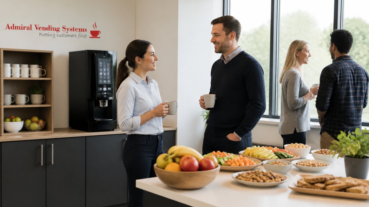 Employees enjoying fresh fruit and drinks in a modern breakroom featuring healthy office snack programs.